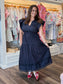 THML Ruffled Sleeves V-Neck Tiered Midi Dress Navy