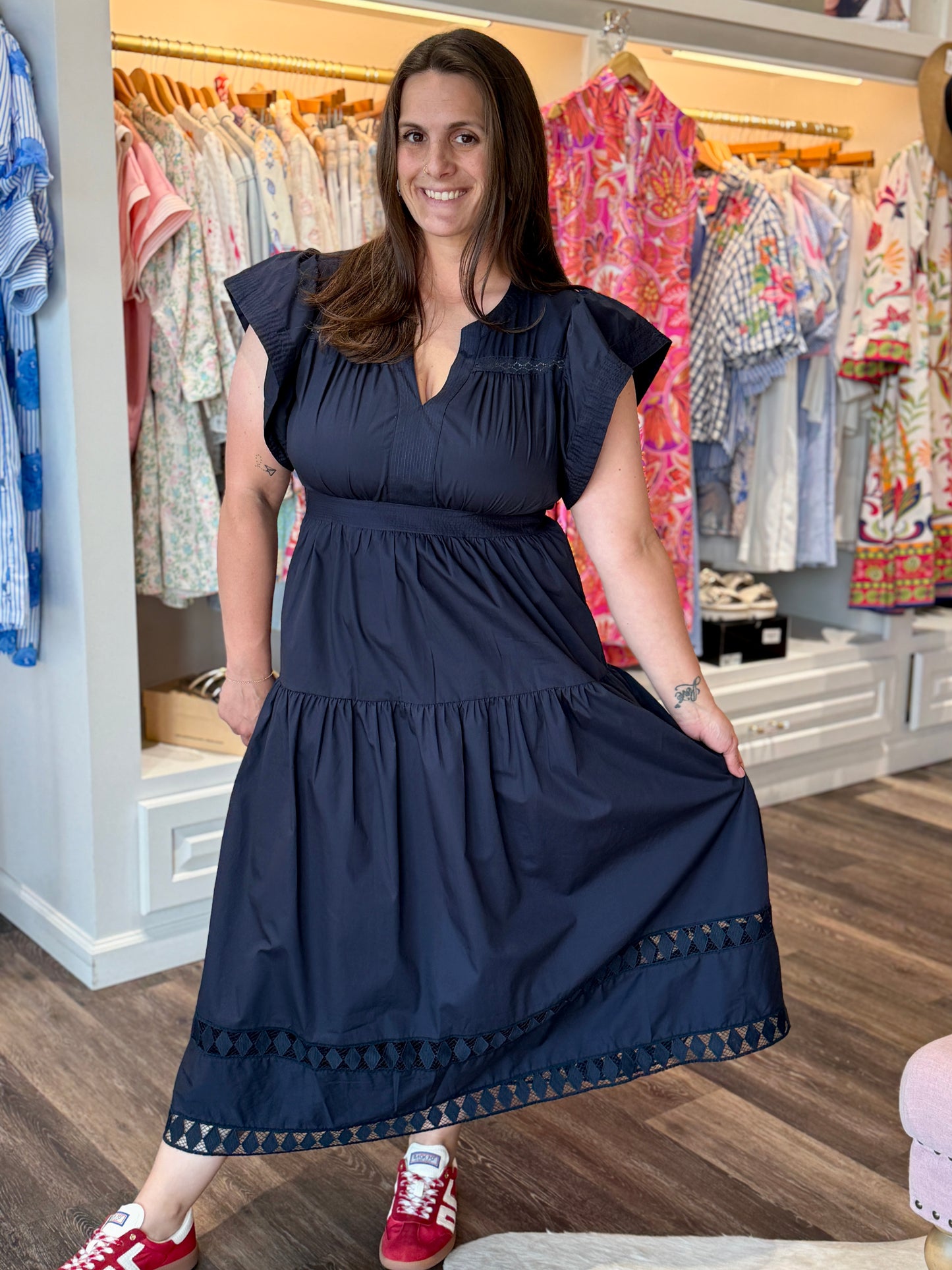 THML Ruffled Sleeves V-Neck Tiered Midi Dress Navy