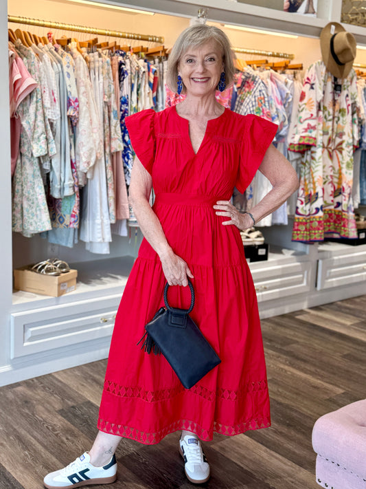 THML Ruffled Sleeves V-Neck Tiered Midi Dress Red