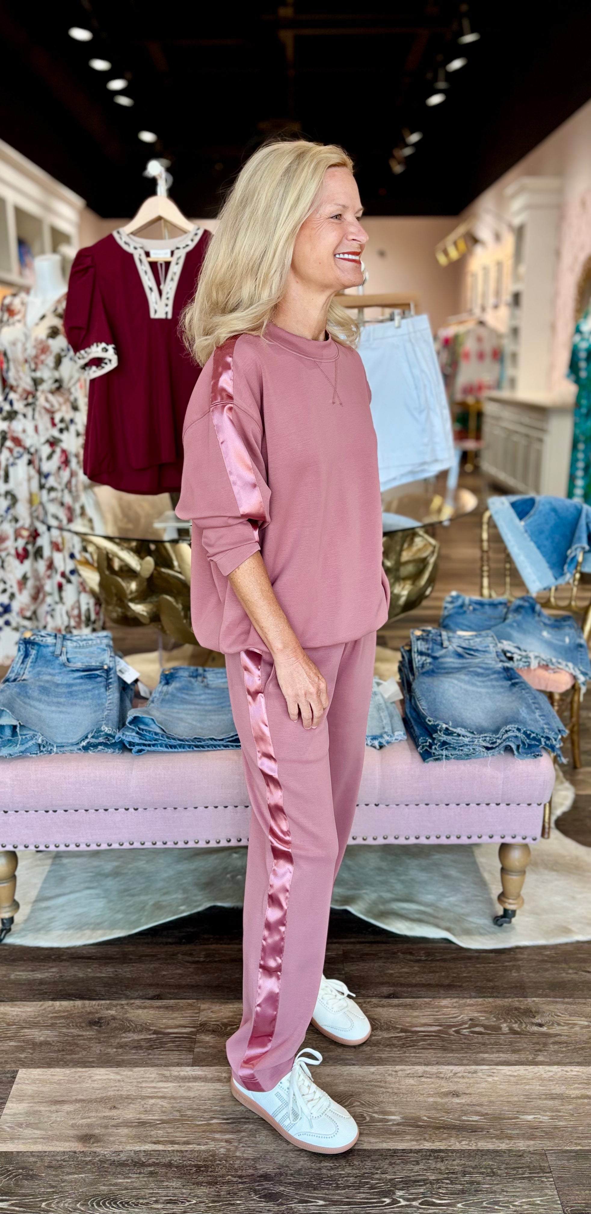 Contrast Satin Lounge Set Rose