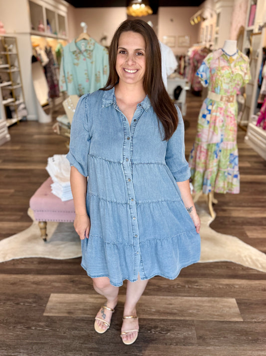 Chambray Tiered Button Down Dress Light Blue