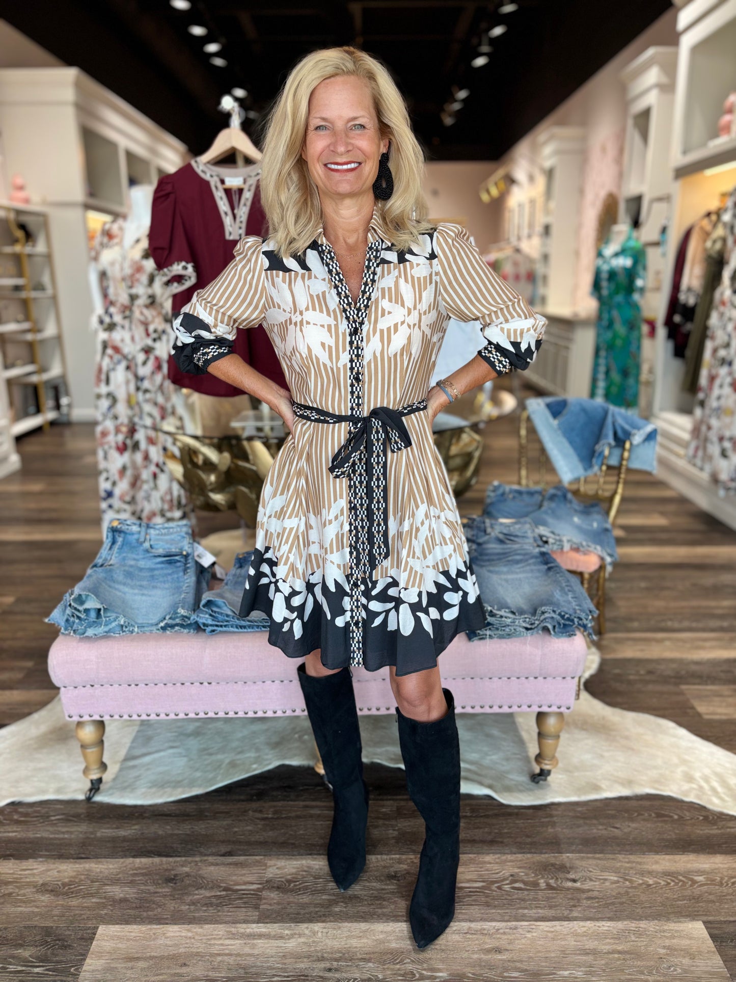 Long Sleeve Border Print Dress