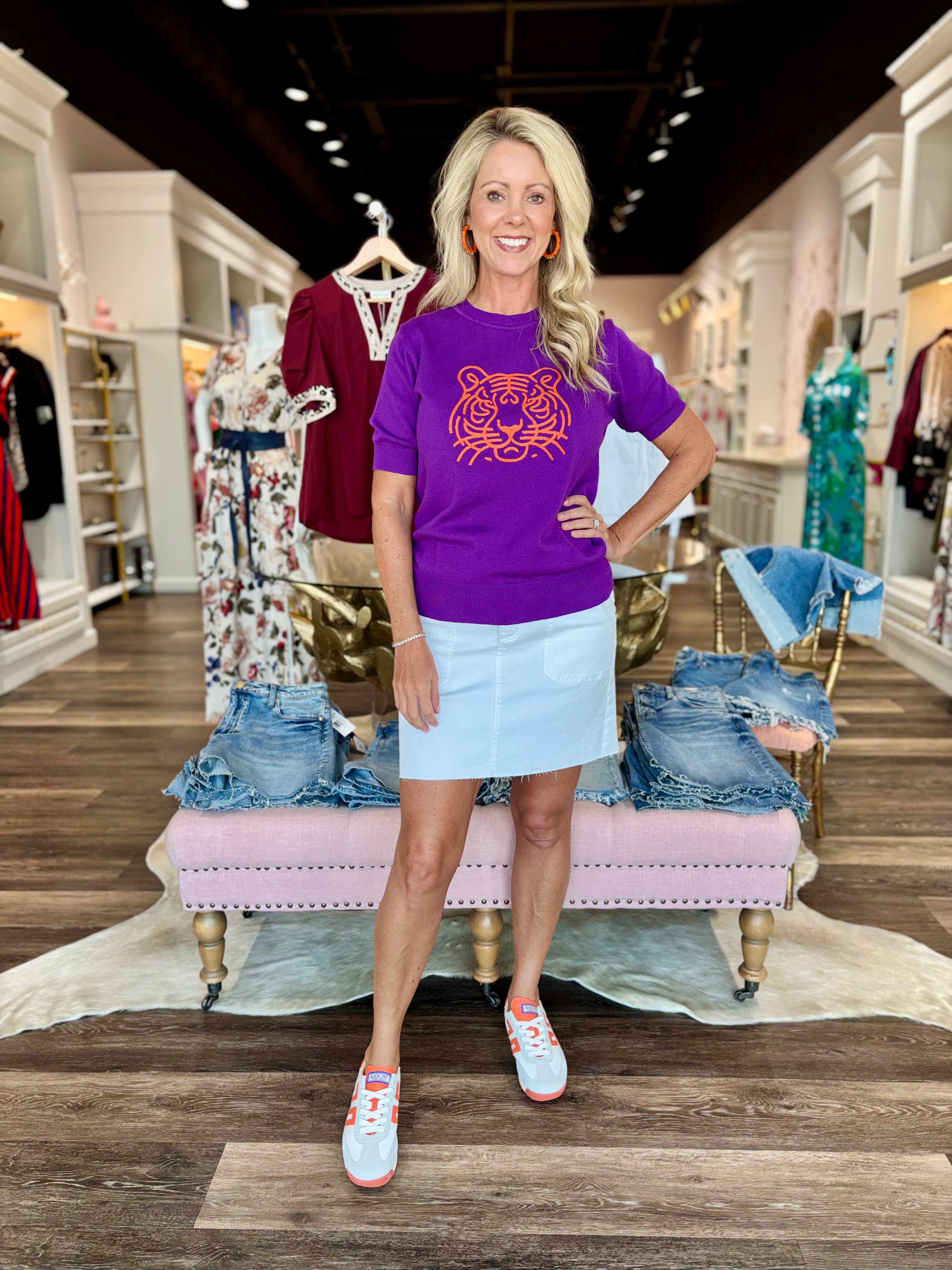 Tiger Short Sleeve Sweater Purple