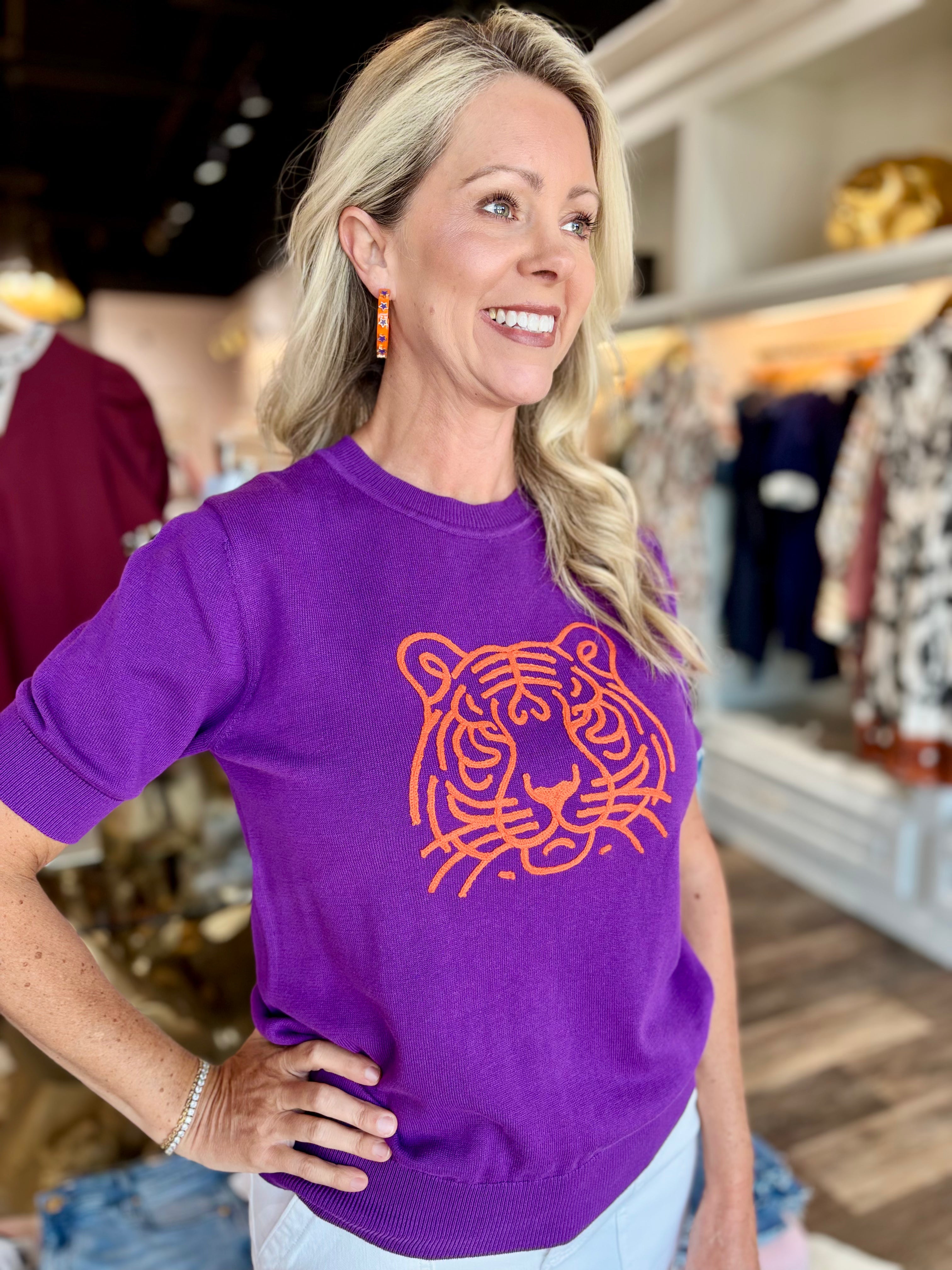 Tiger Short Sleeve Sweater Purple