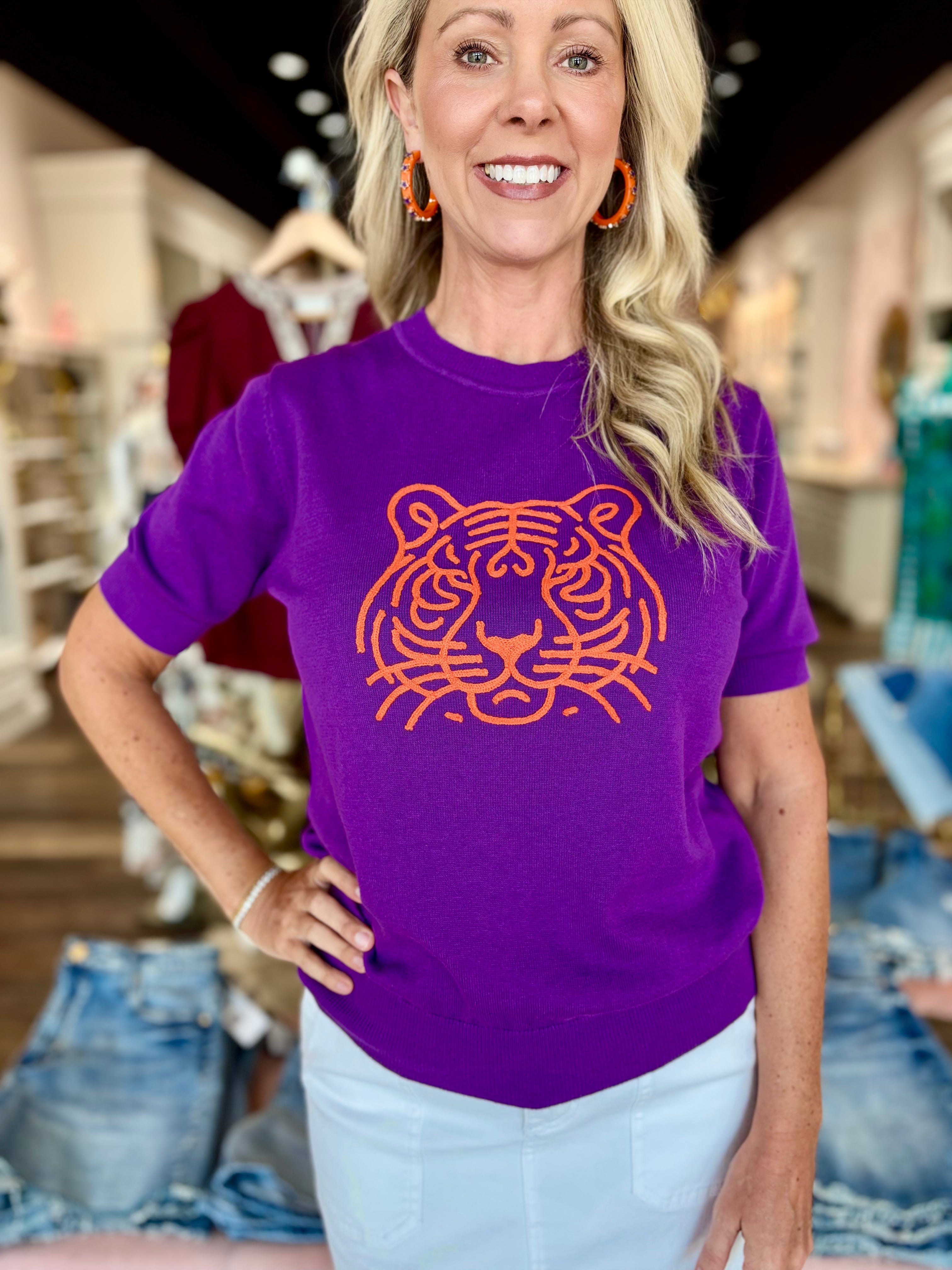 Tiger Short Sleeve Sweater Purple