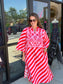 Maude Vivante Sophia Scarlet Slash Dress featuring red and pink diagonal stripes with floral embroidered bib detail.