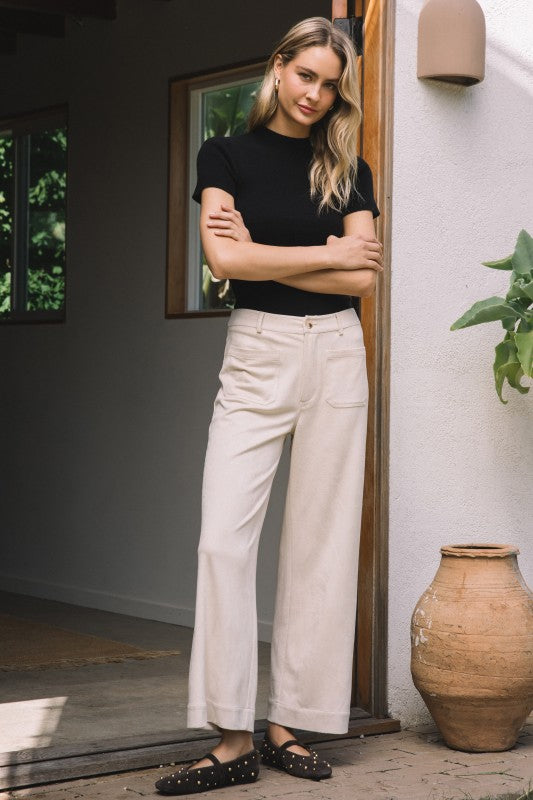 Faux Suede Wide Leg Pant Cream