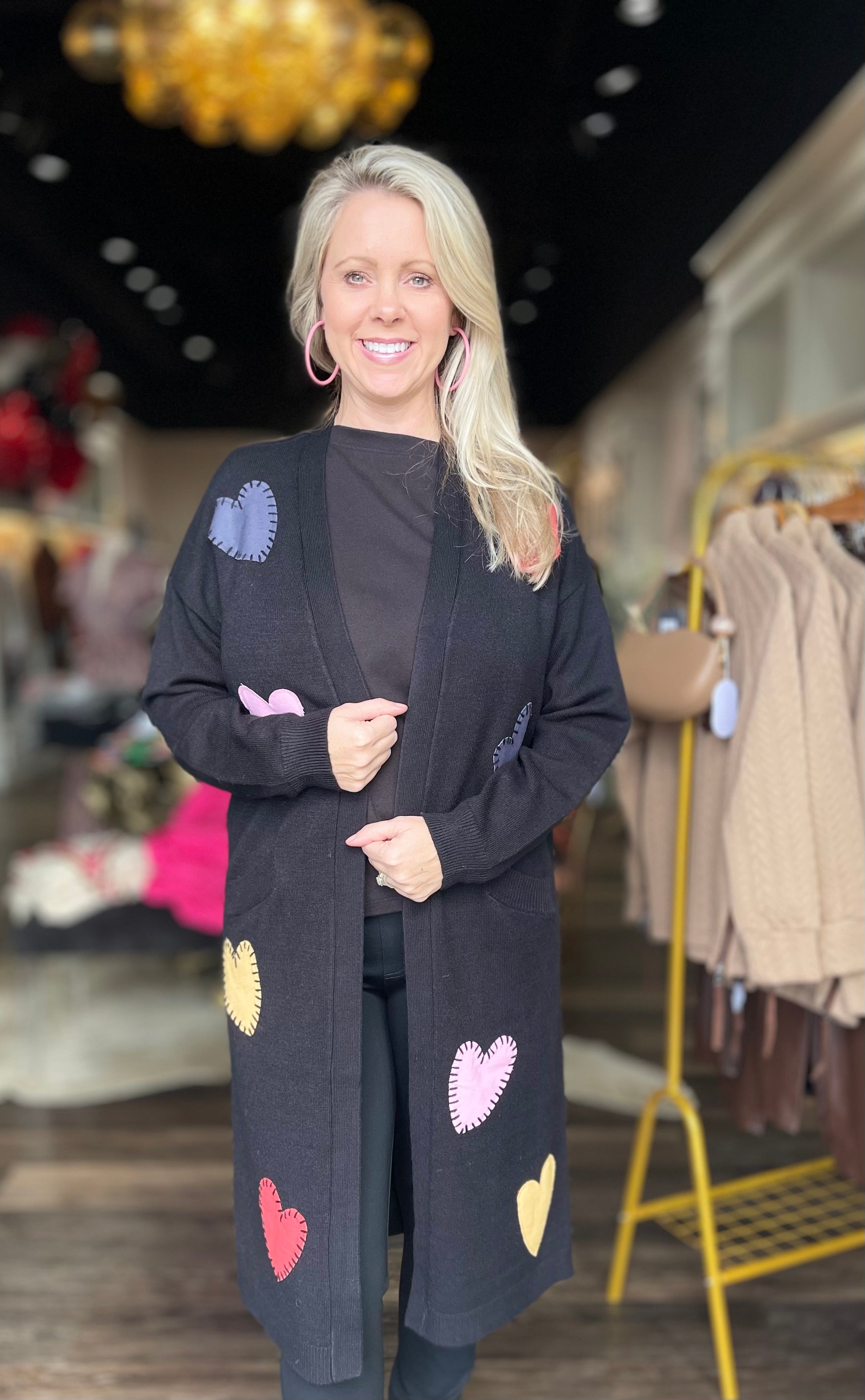 Long Cardigan With Front Pockets And Heart Patches Details Black