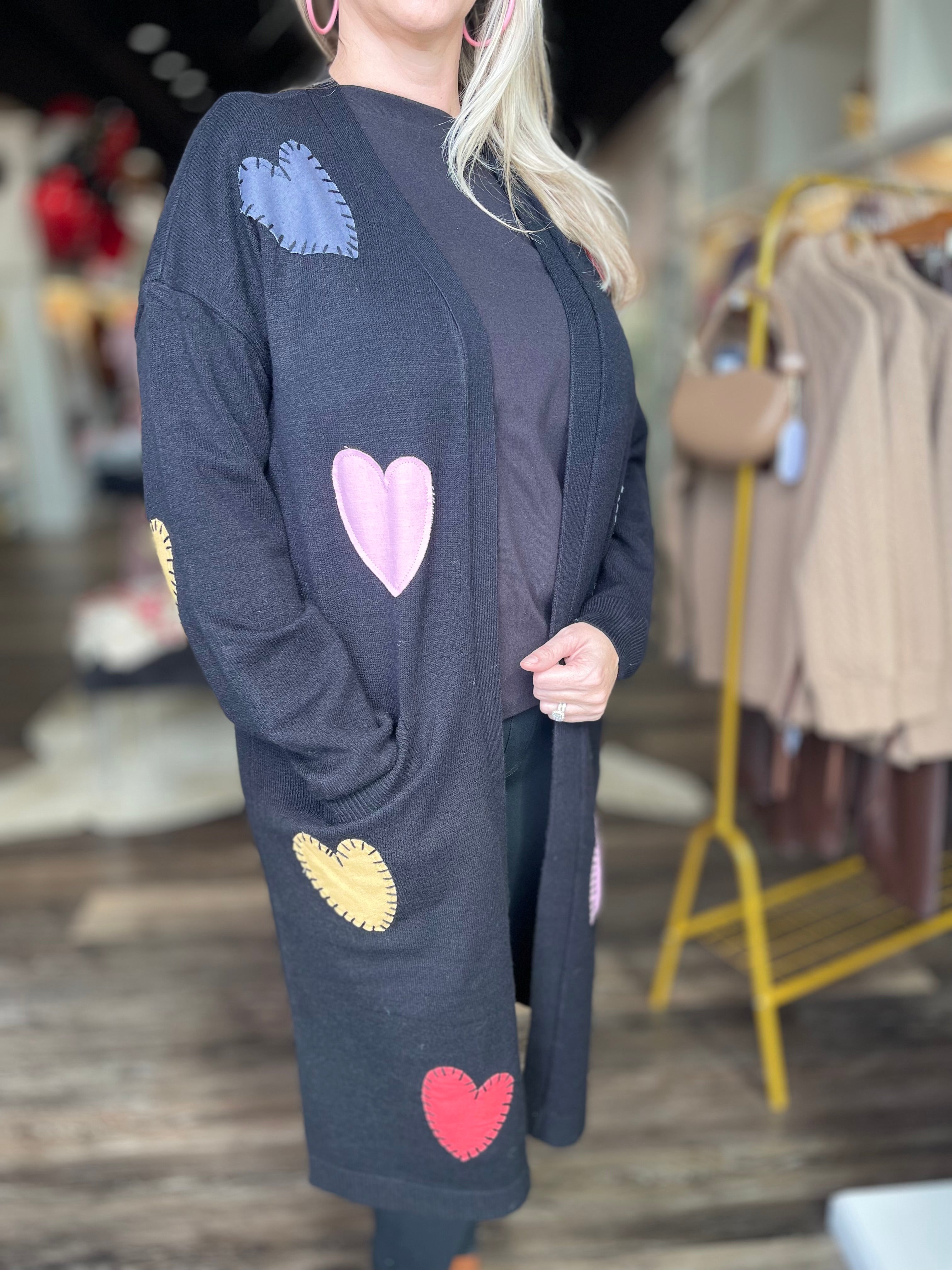 Long Cardigan With Front Pockets And Heart Patches Details Black