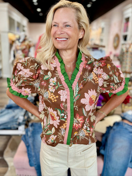 Shoulder Puff Sleeve Blouse Brown Floral