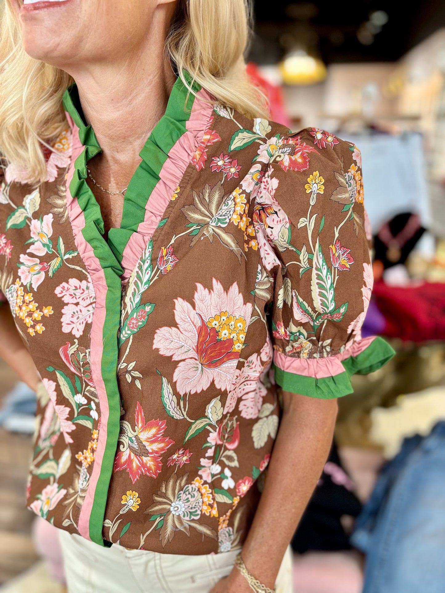 Shoulder Puff Sleeve Blouse Brown Floral