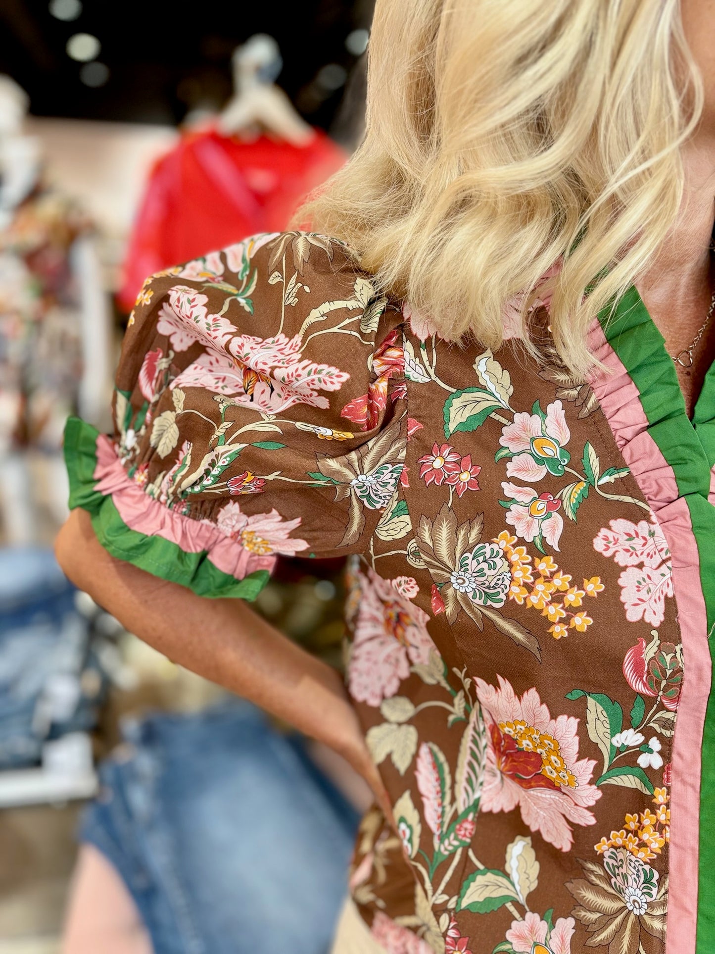 Shoulder Puff Sleeve Blouse Brown Floral