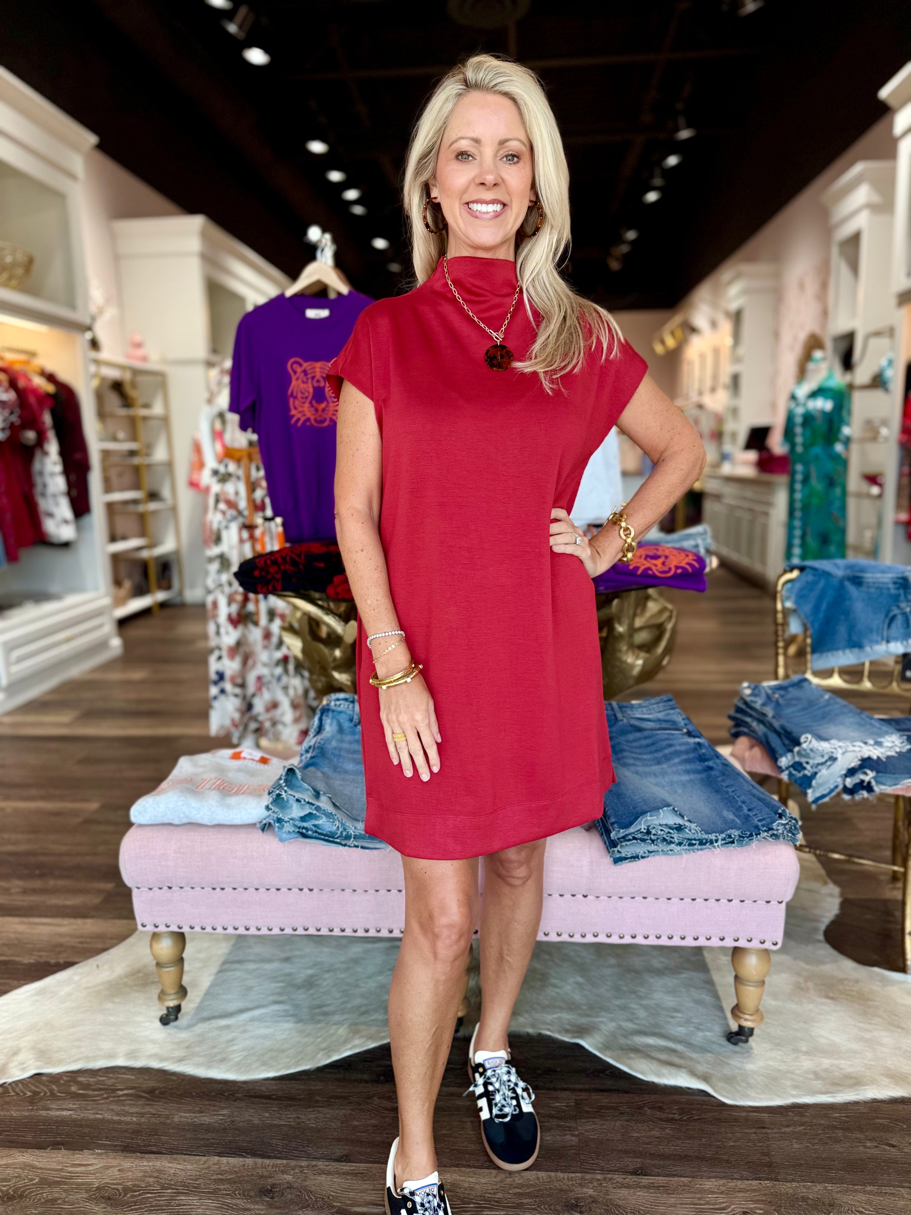 Mock Neck Short Dress with Pockets Brick