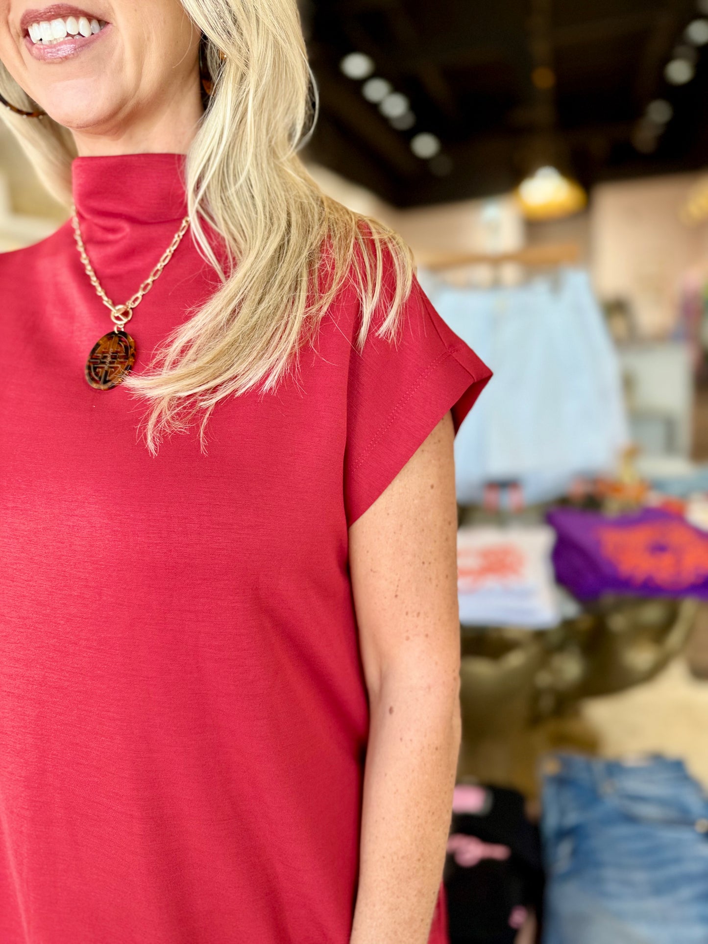 Mock Neck Short Dress with Pockets Brick