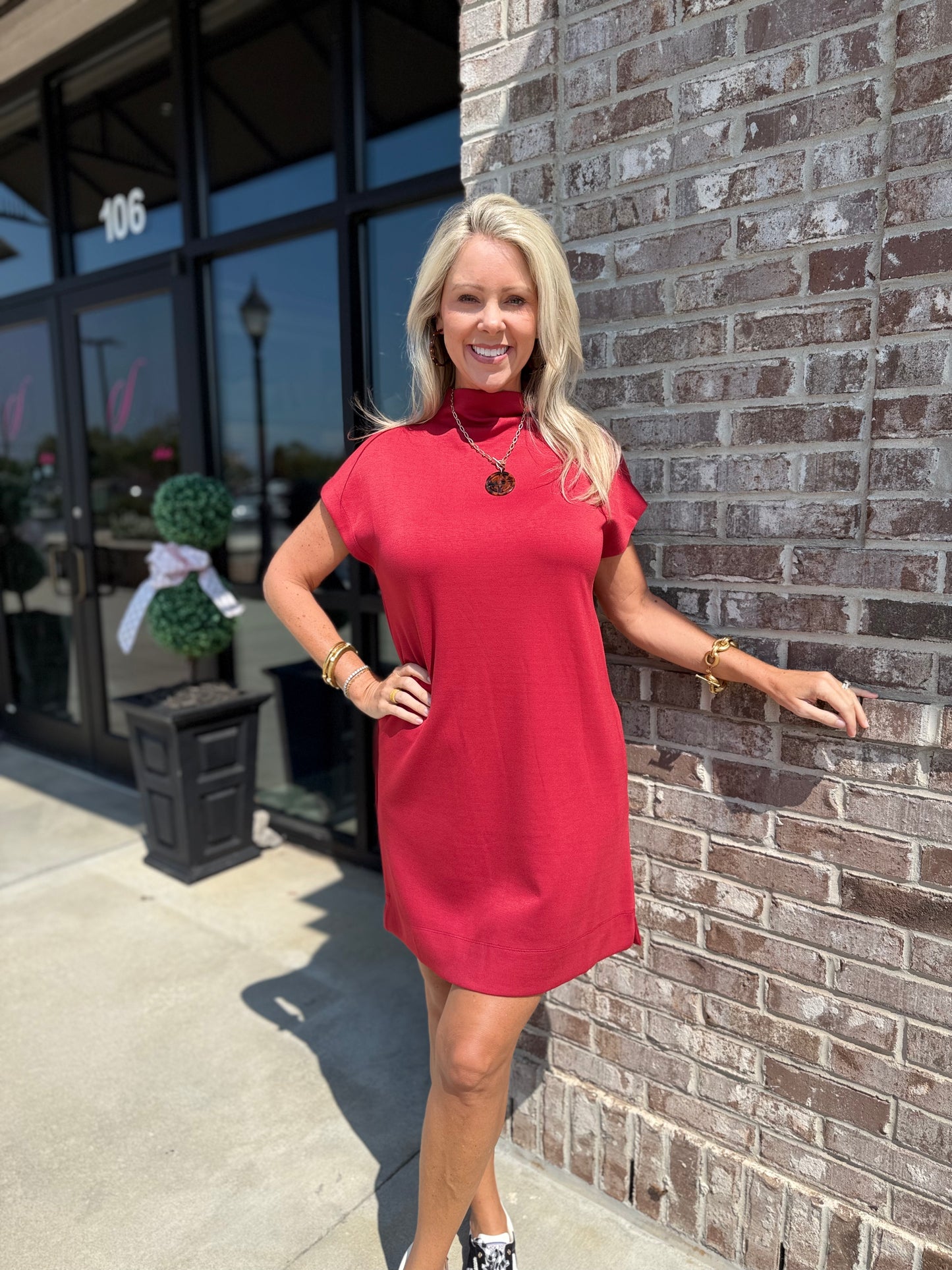 Mock Neck Short Dress with Pockets Brick