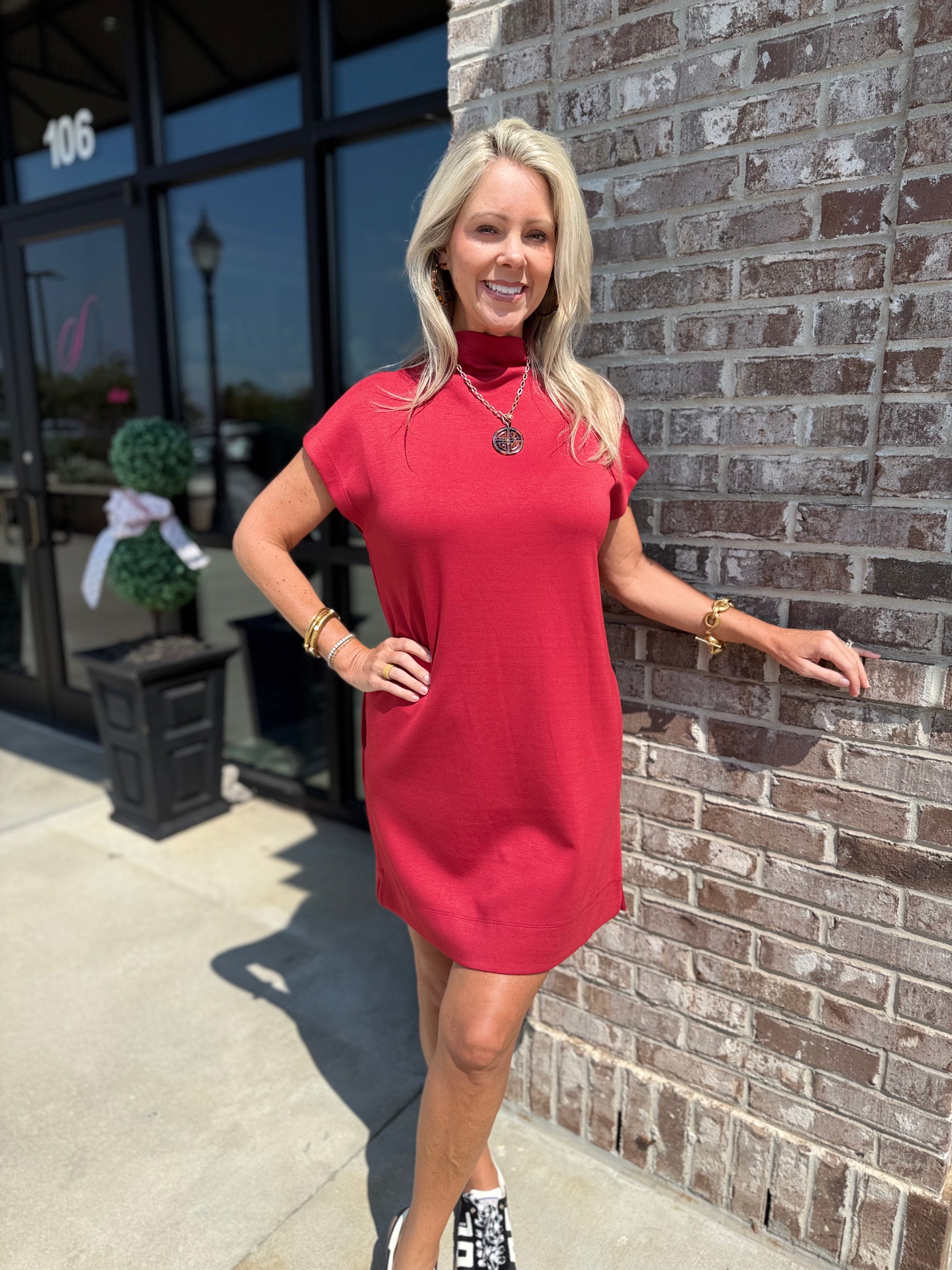 Mock Neck Short Dress with Pockets Brick