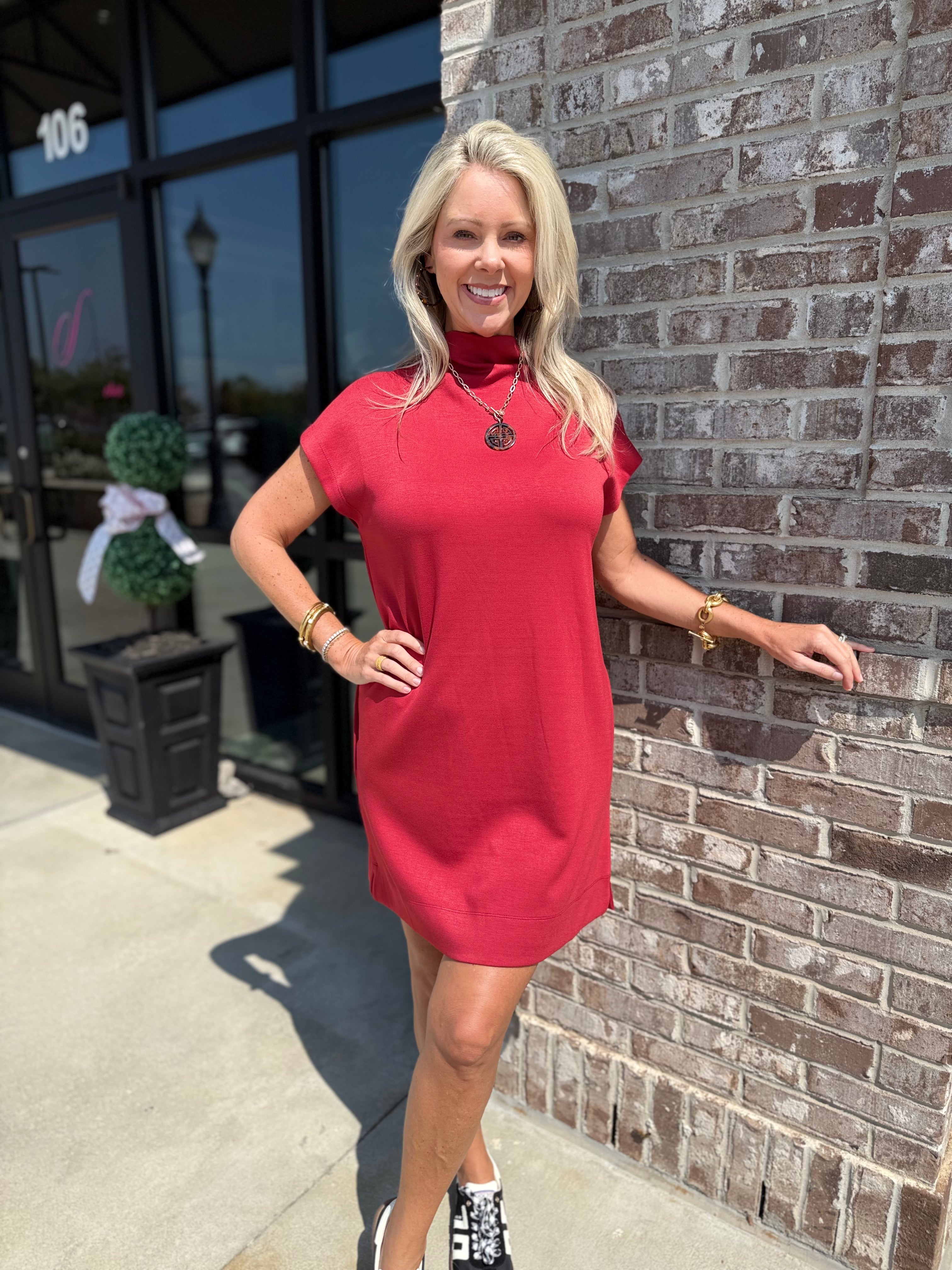 Mock Neck Short Dress with Pockets Brick