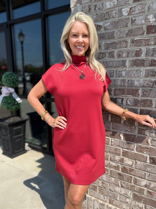 Mock Neck Short Dress with Pockets Brick