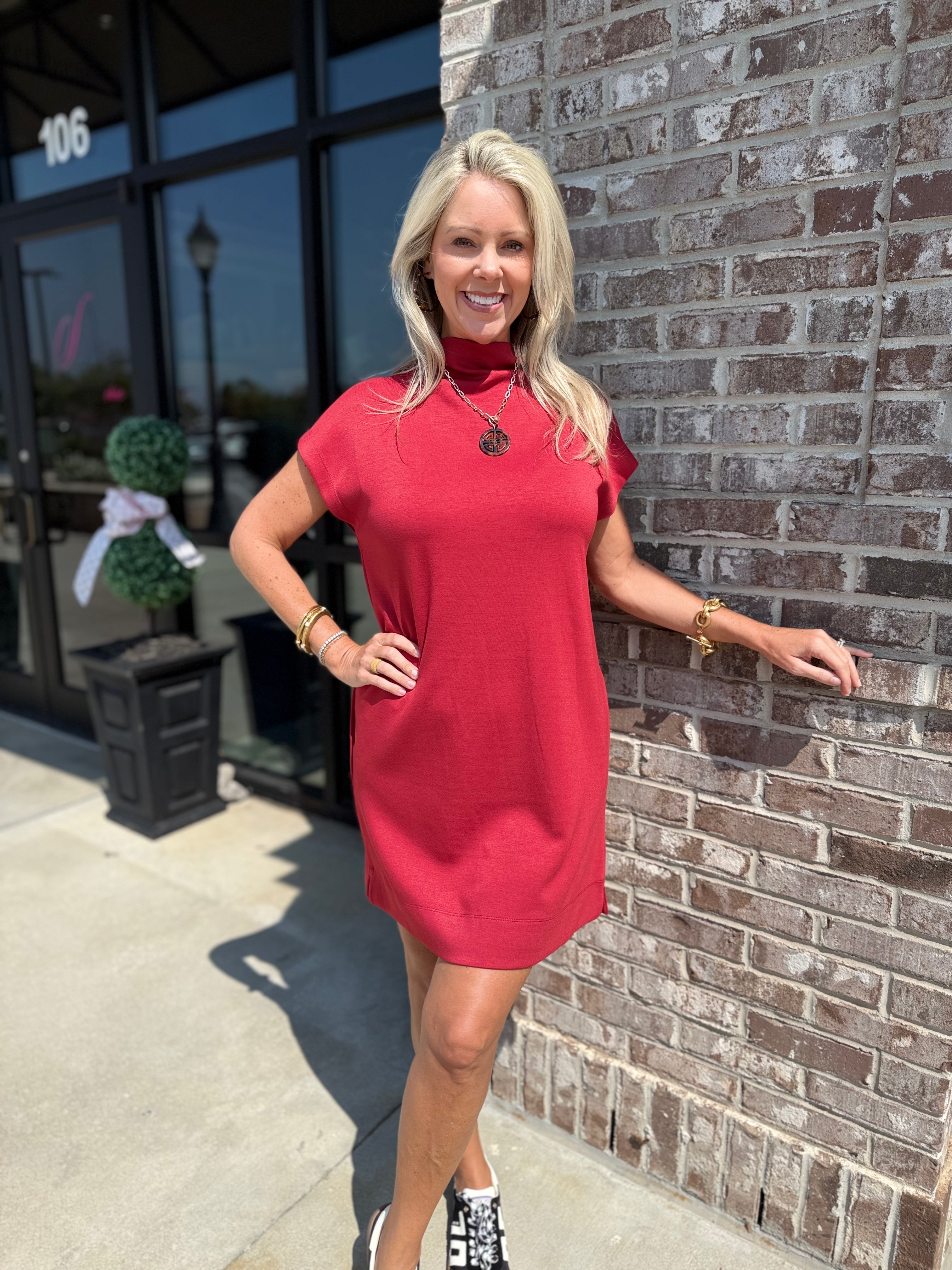 Mock Neck Short Dress with Pockets Brick