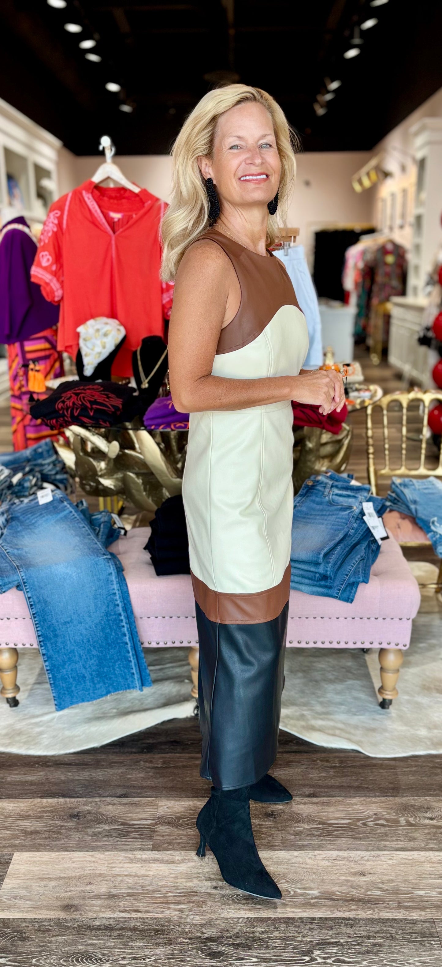Caspia Vegan Leather Color Block Midi Dress