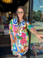 Vilagallo multicolored palm tree print shirt dress featuring tropical floral pattern, short sleeves, and relaxed fit.