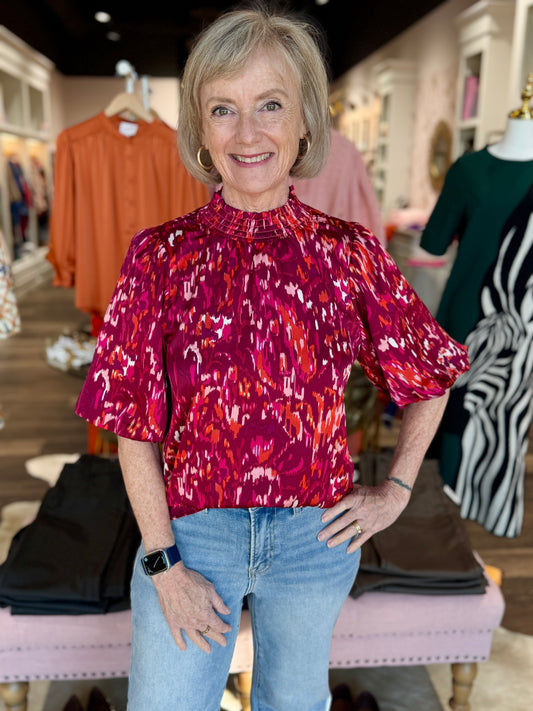 THML Puff Sleeve Print Top Burgundy