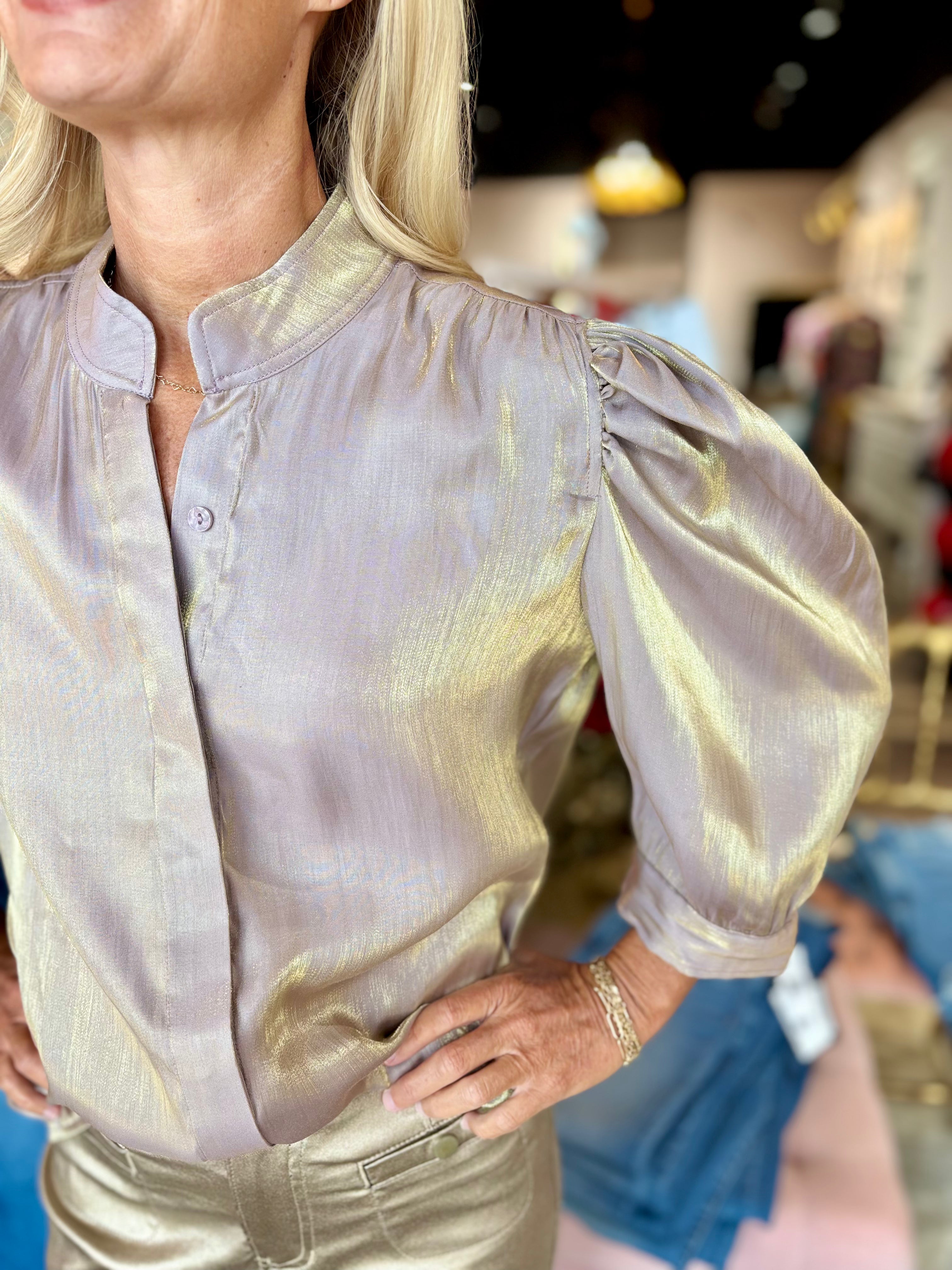 Boho Chic Iridescent Puff Sleeve Blouse