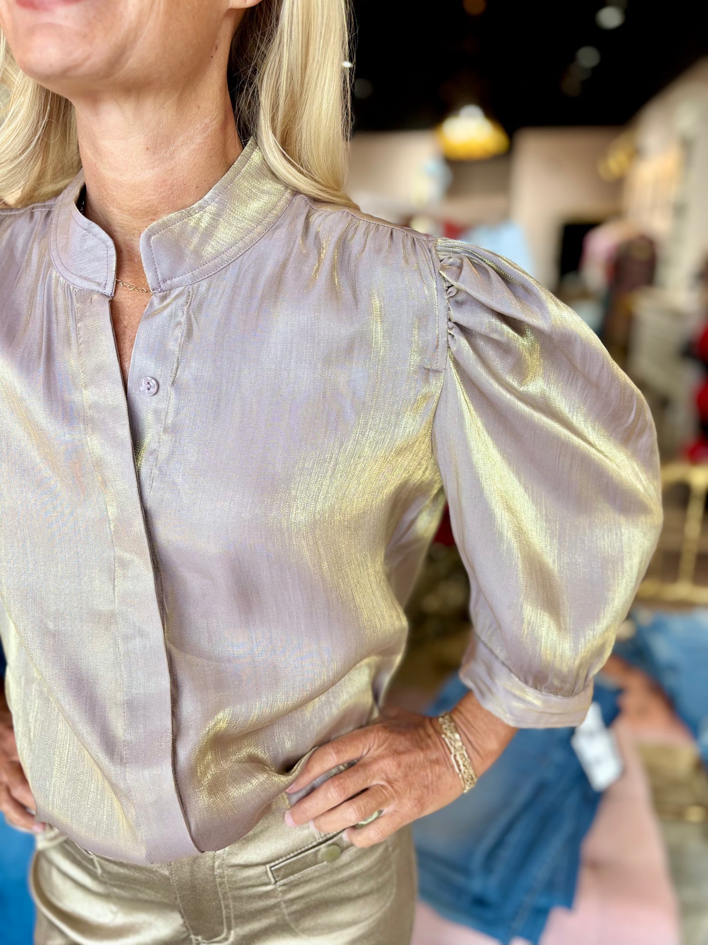 Boho Chic Iridescent Puff Sleeve Blouse