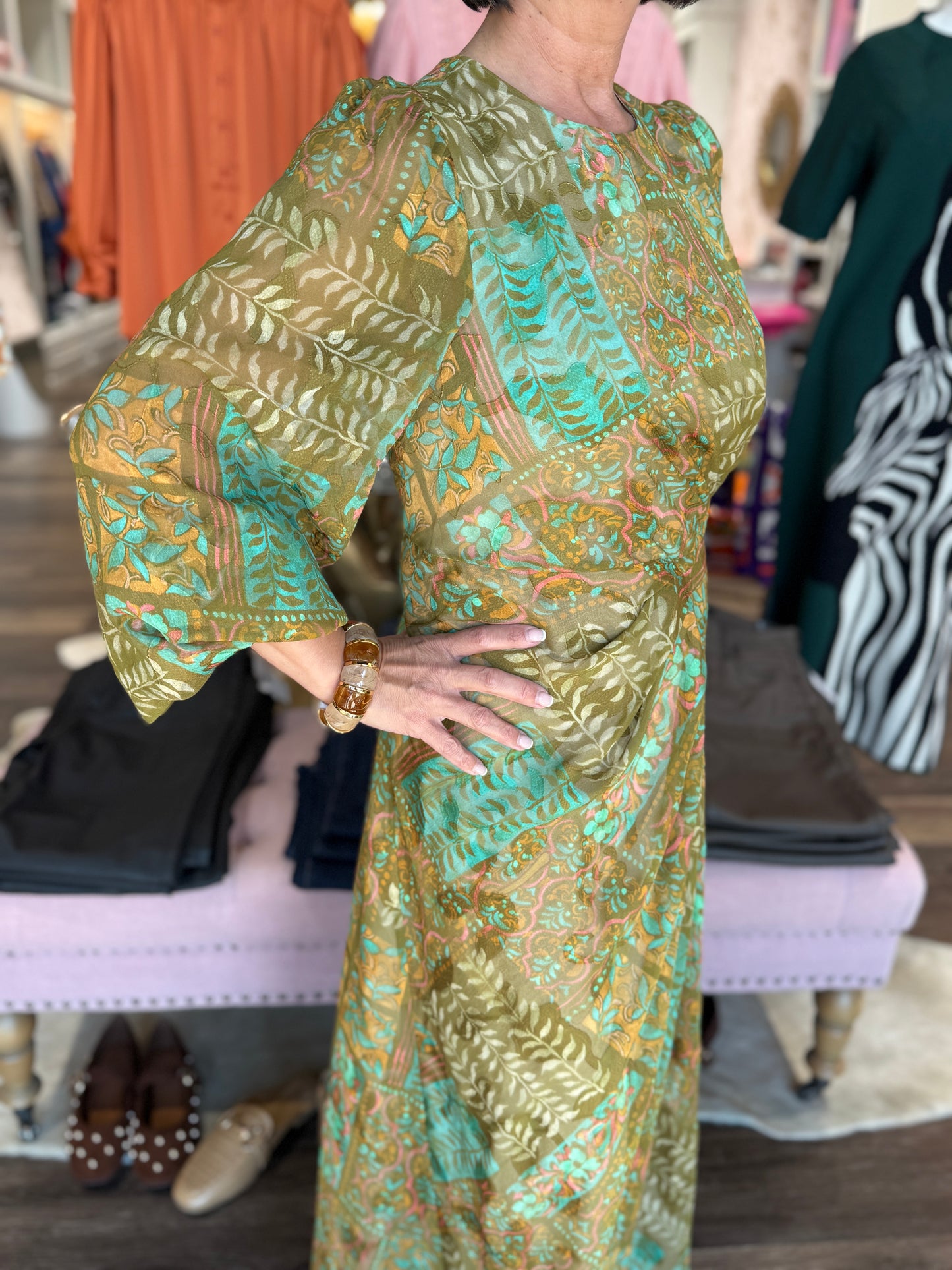 Jade Side Drape Pleated Maxi Dress Olive Tapestry