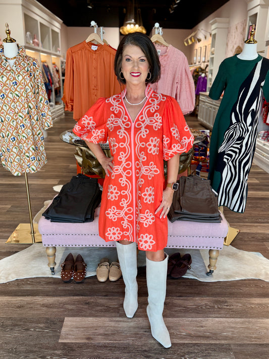 THML Embroidered Bubble Sleeve Dress Orange