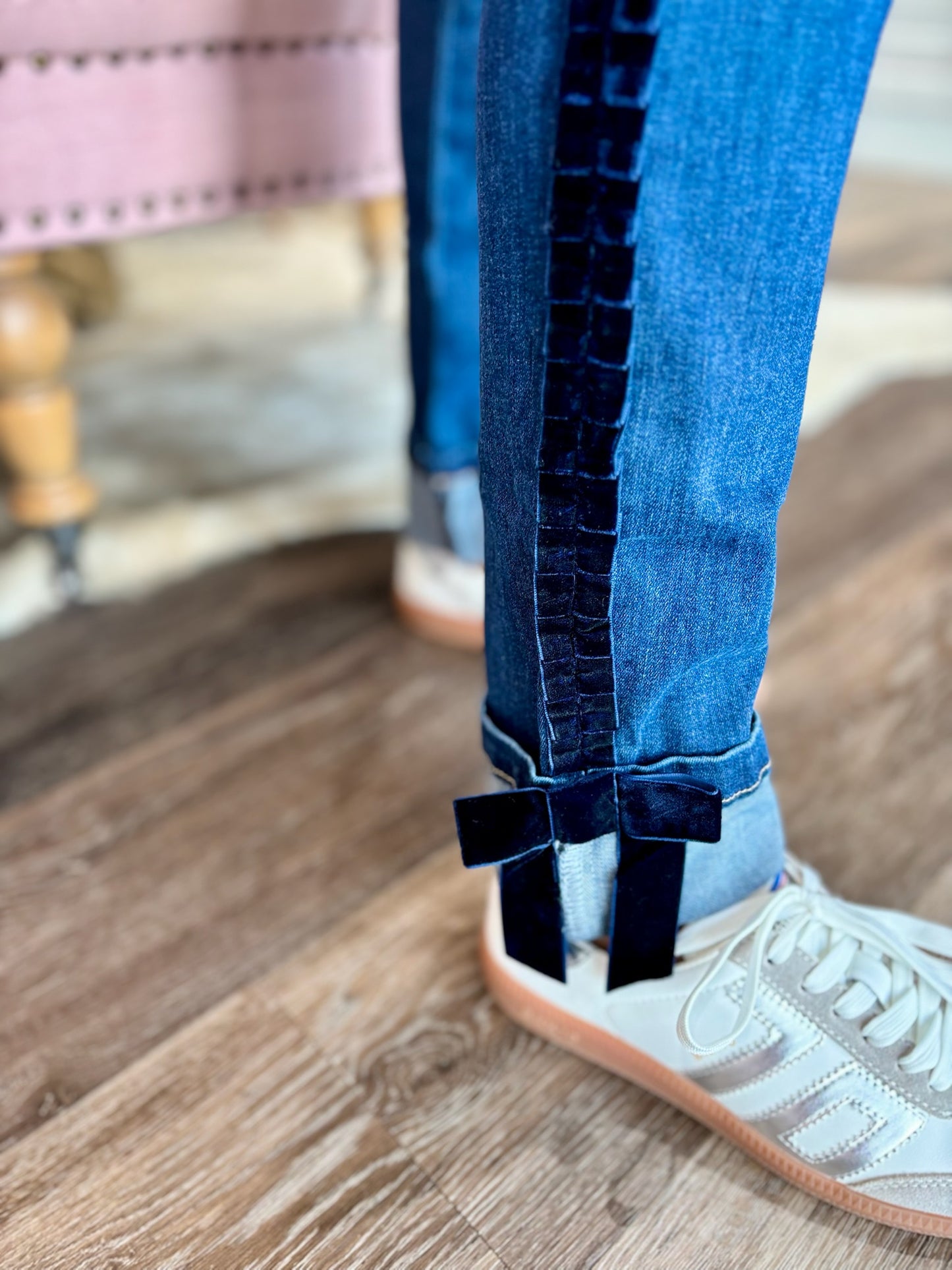Charlie B Slim Leg Jeans With Velvet Bow - Indigo