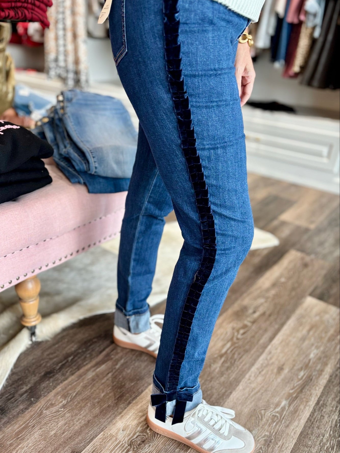Charlie B Slim Leg Jeans With Velvet Bow - Indigo