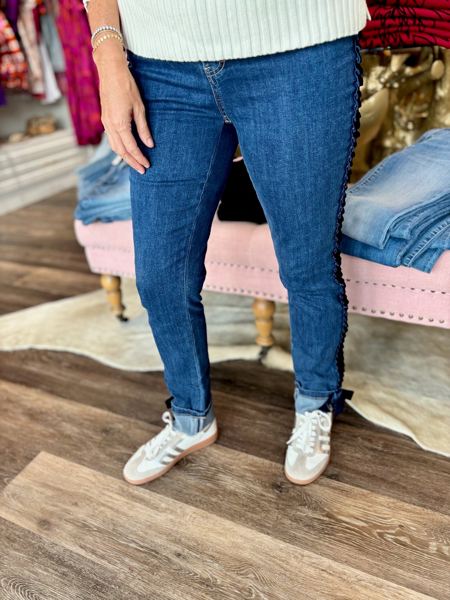 Charlie B Slim Leg Jeans With Velvet Bow - Indigo