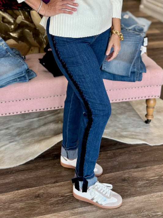 Charlie B Slim Leg Jeans With Velvet Bow - Indigo