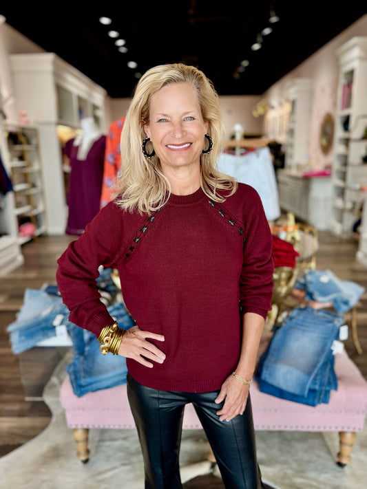 Raglan Sleeves Crew Neck Sweater with Faux Leather Detail Cabernet
