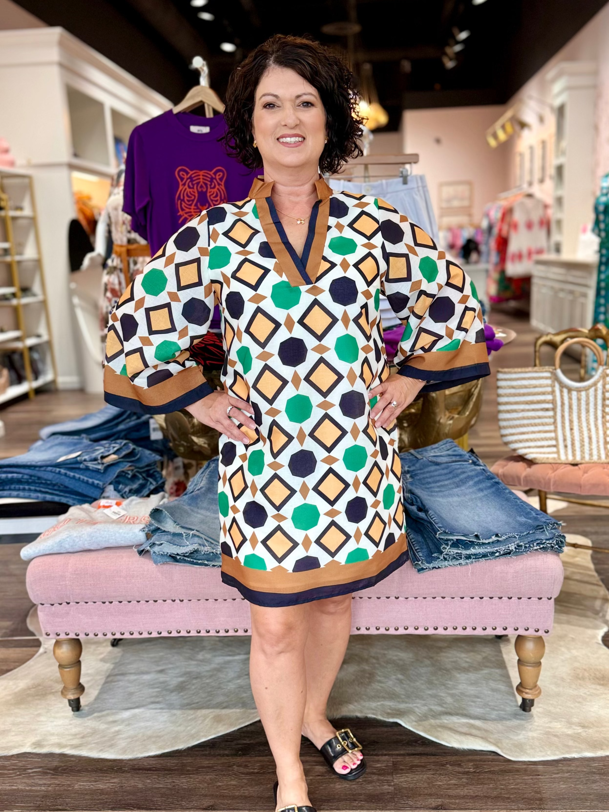 Jade Split Neck Bell Sleeve Caftan Geo Border