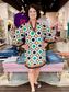 Jade Split Neck Bell Sleeve Caftan Geo Border