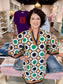 Jade Split Neck Bell Sleeve Caftan Geo Border