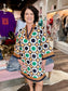 Jade Split Neck Bell Sleeve Caftan Geo Border