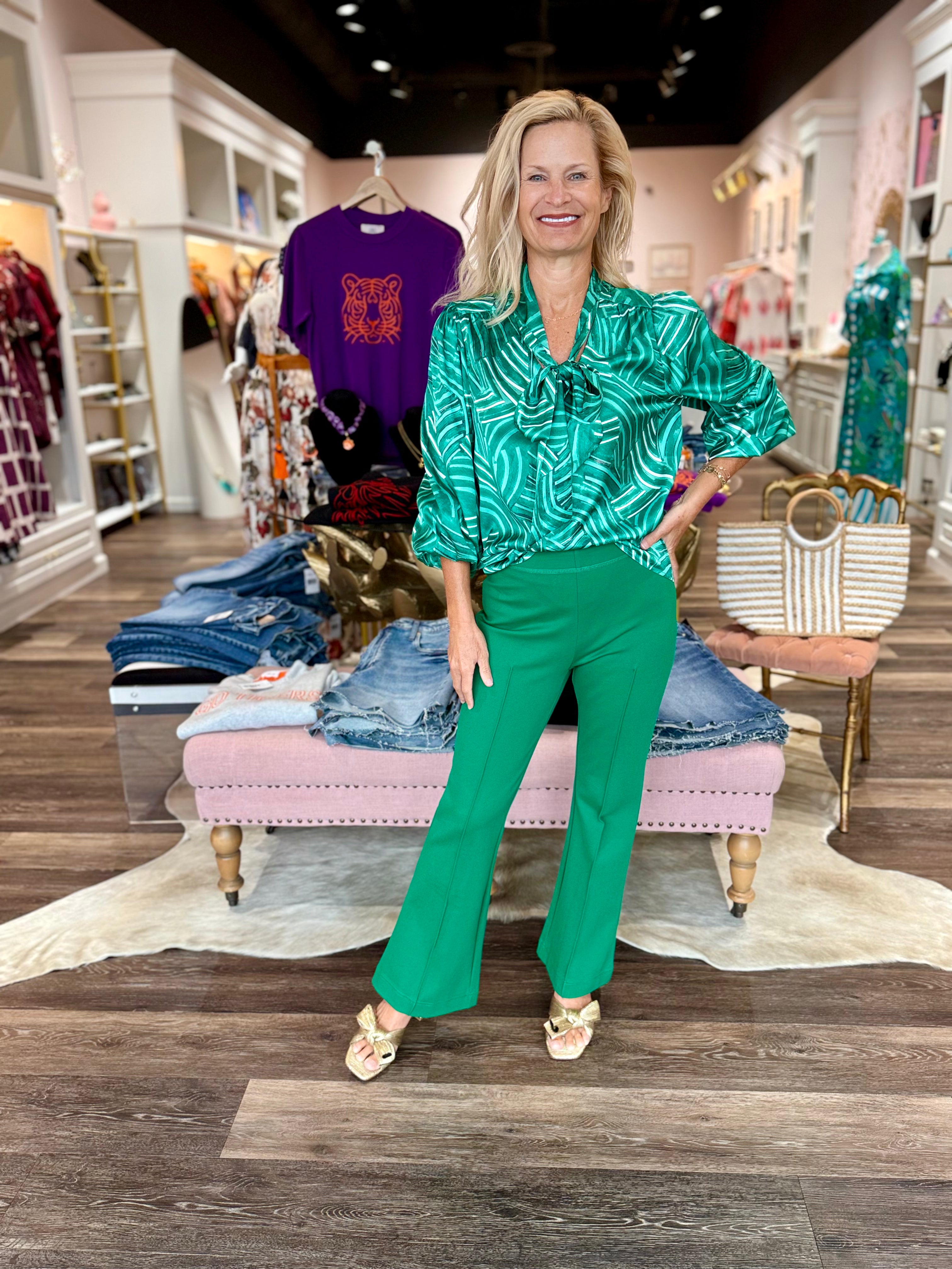 Jade Front Seaming Ponte Bell Ankle Pant Green