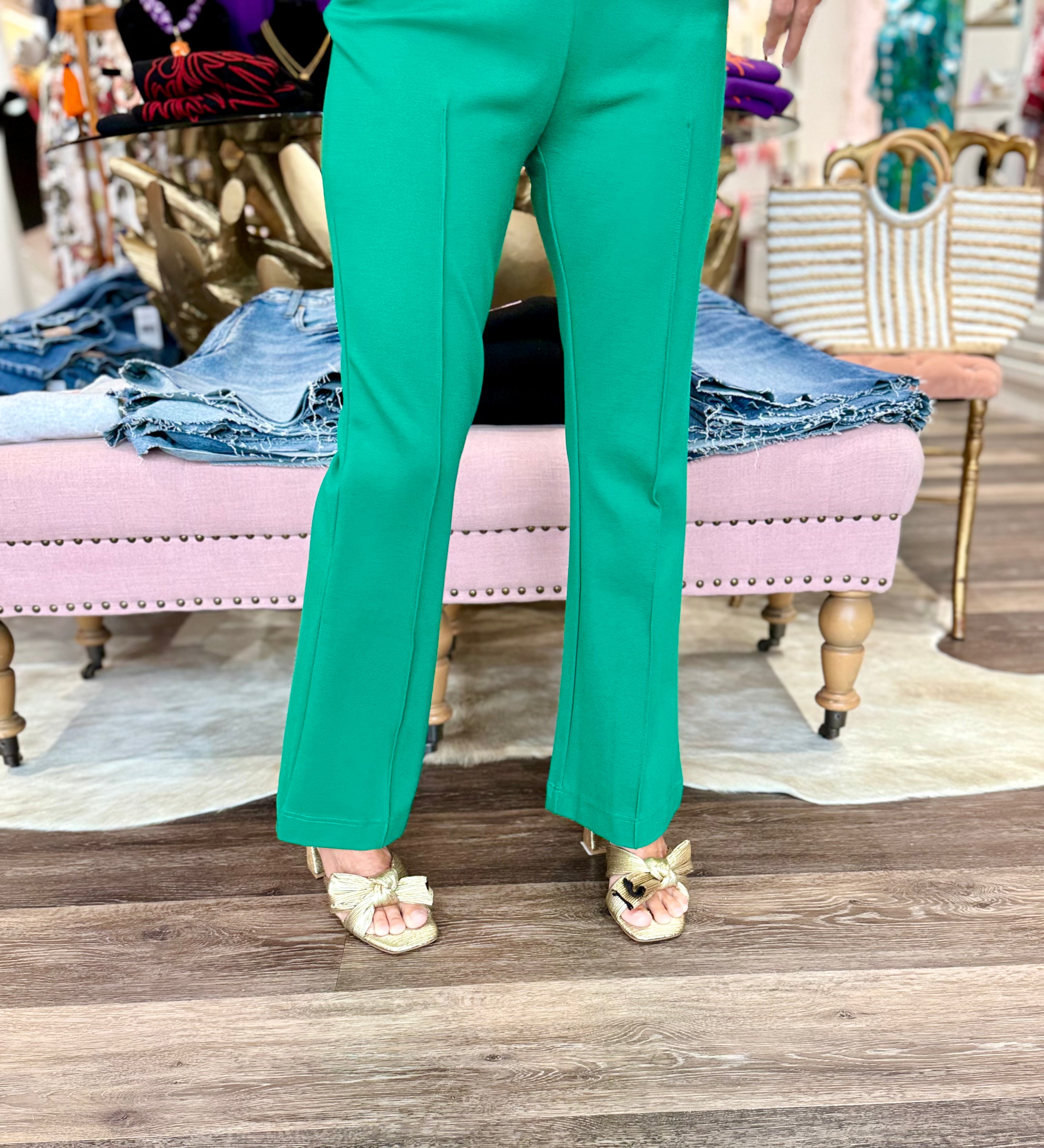 Jade Front Seaming Ponte Bell Ankle Pant Green