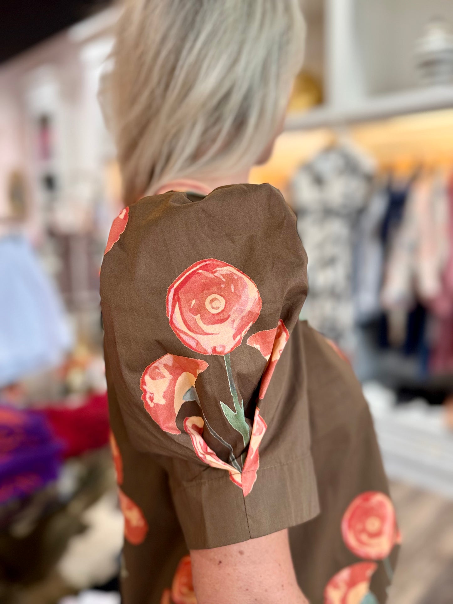 Entro Shoulder Puff Sleeve Blouse Brown Floral