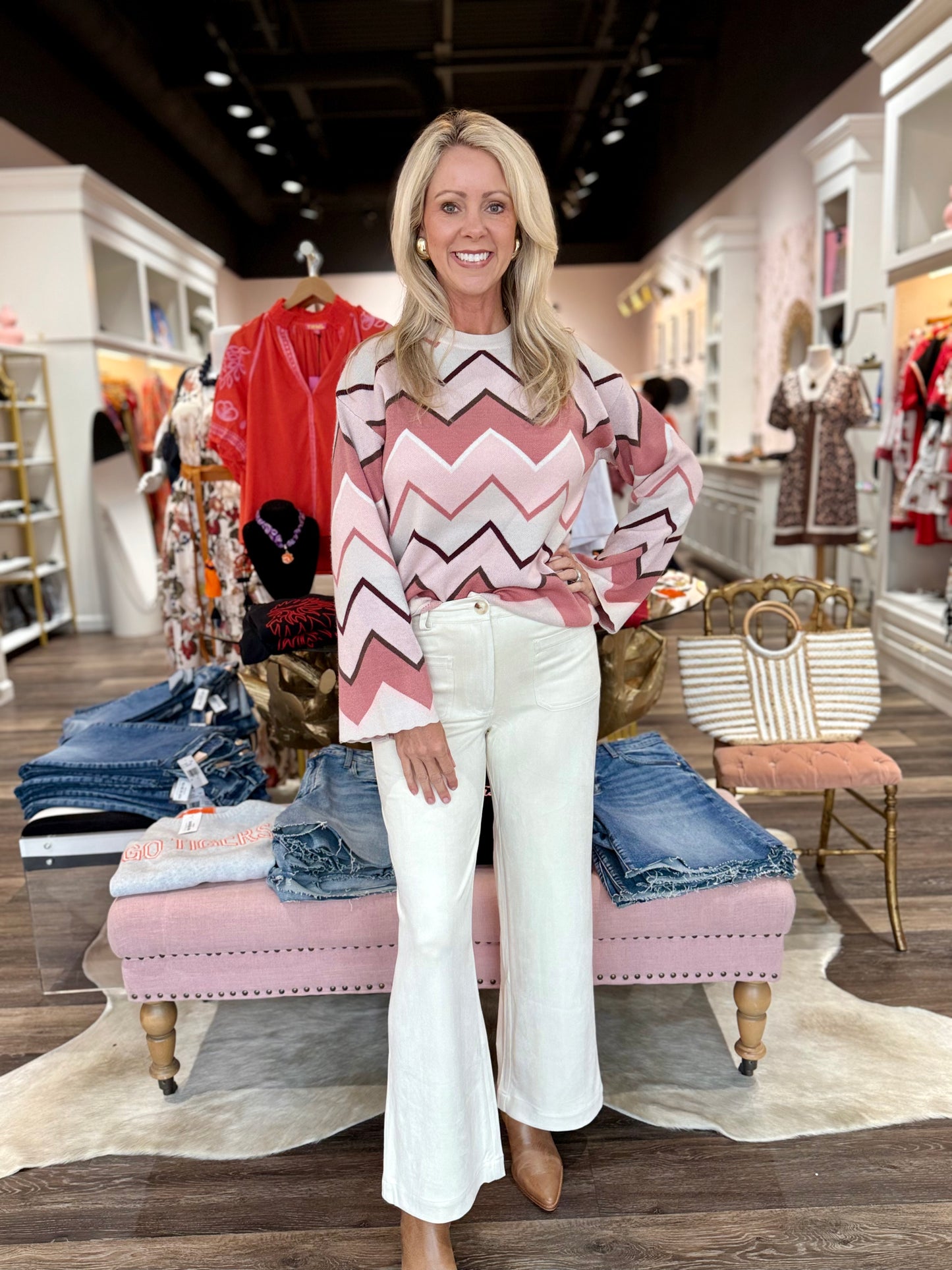 Charlie B Jacquard Bell Sleeve Sweater Chevron