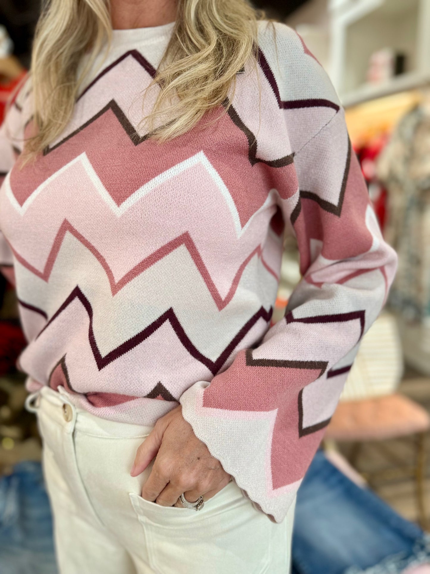 Charlie B Jacquard Bell Sleeve Sweater Chevron