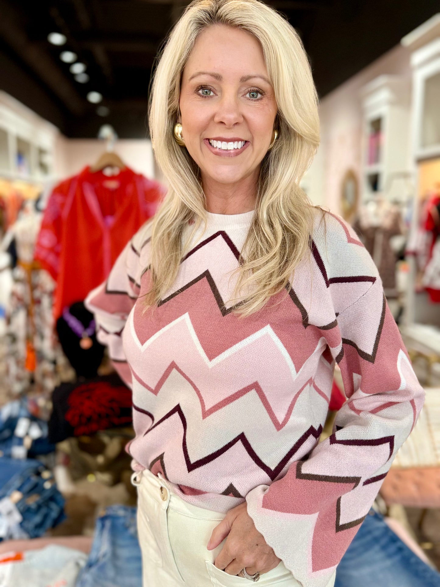 Charlie B Jacquard Bell Sleeve Sweater Chevron