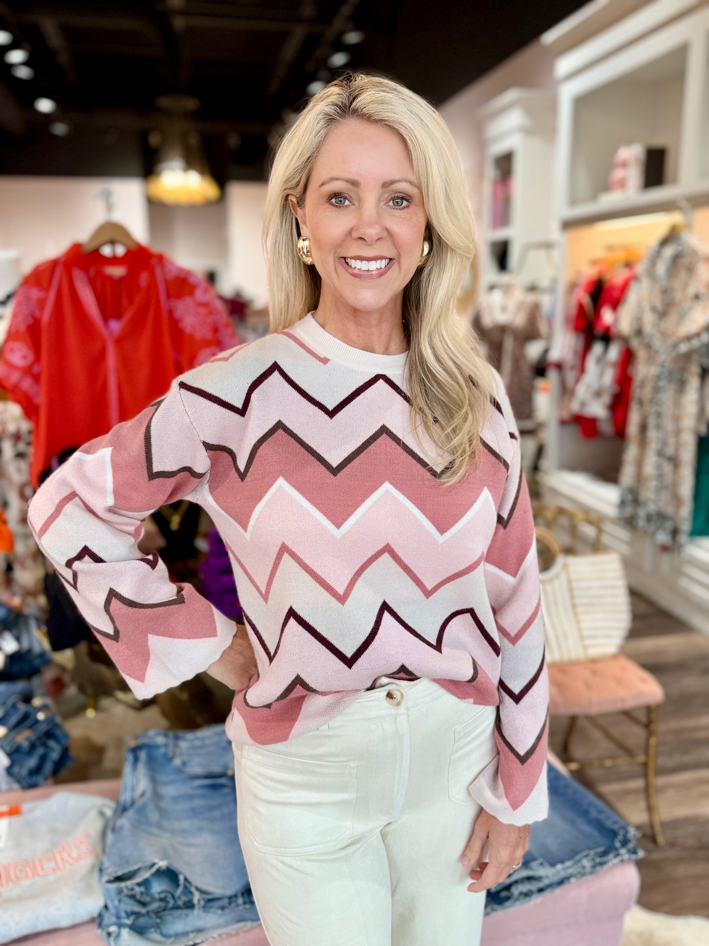 Charlie B Jacquard Bell Sleeve Sweater Chevron