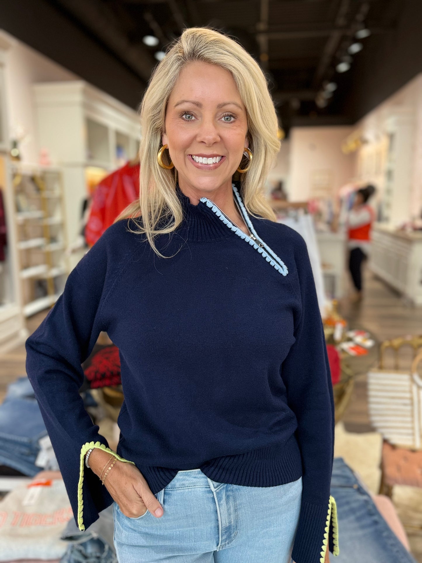 Charlie B Mock Neck with Zipper and Crochet Details Navy