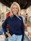 Charlie B Mock Neck with Zipper and Crochet Details Navy