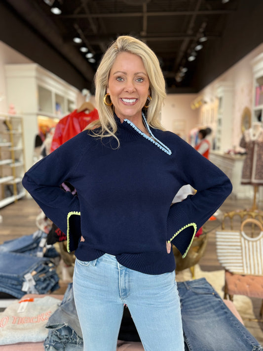 Charlie B Mock Neck with Zipper and Crochet Details Navy