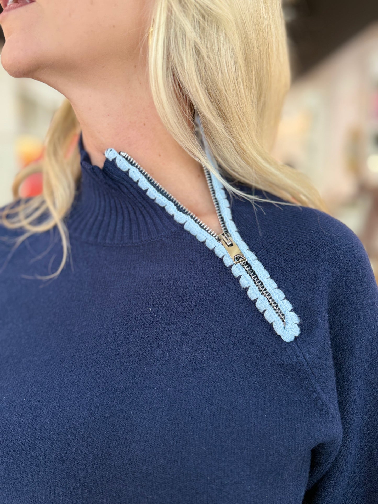 Charlie B Mock Neck with Zipper and Crochet Details Navy